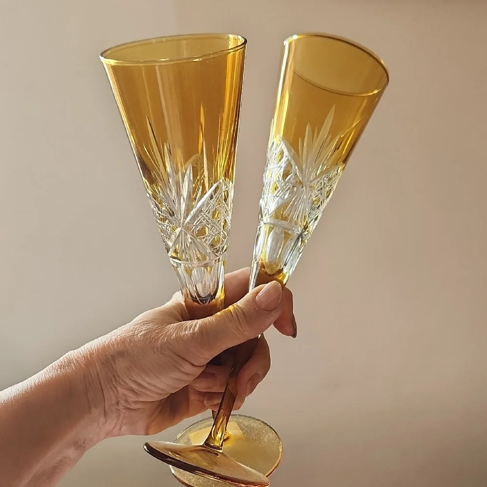 Set of 2 Pottery Barn Antoque Cut Flutes Amber Etched 9.5